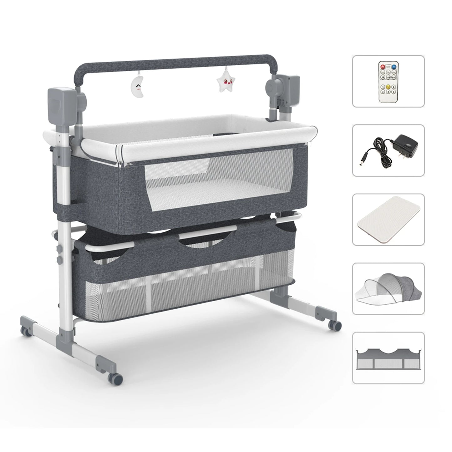 5-in-1 Portable Baby Bassinet with Changing Table, Bedside Sleeper, Storage Shelf & Wheels