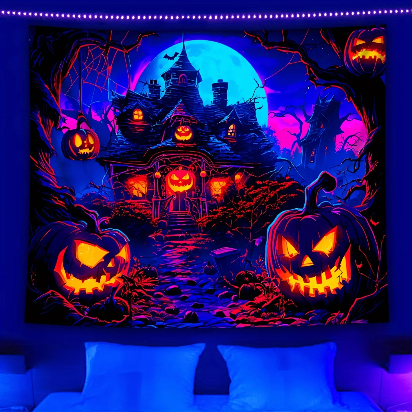 Glow-in-the-Dark Pumpkin House Tapestry - Perfect for Halloween, Party Decor & Home Ambiance, Includes Easy Install Kit