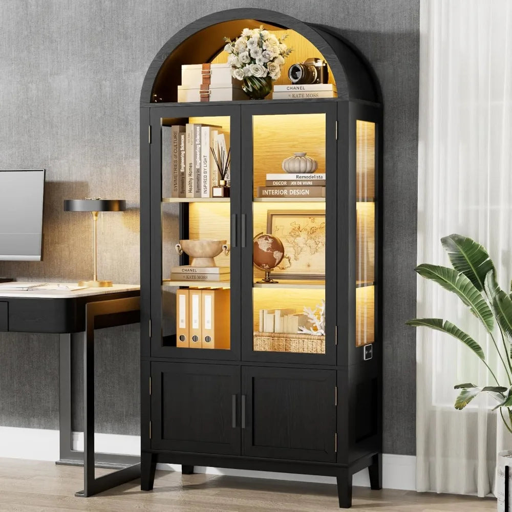 71-inch Kitchen Pantry Cabinet with Arched Bookcase, Glass Doored China Storage Cabinet and Shelves, Human Body Sensor, Versati