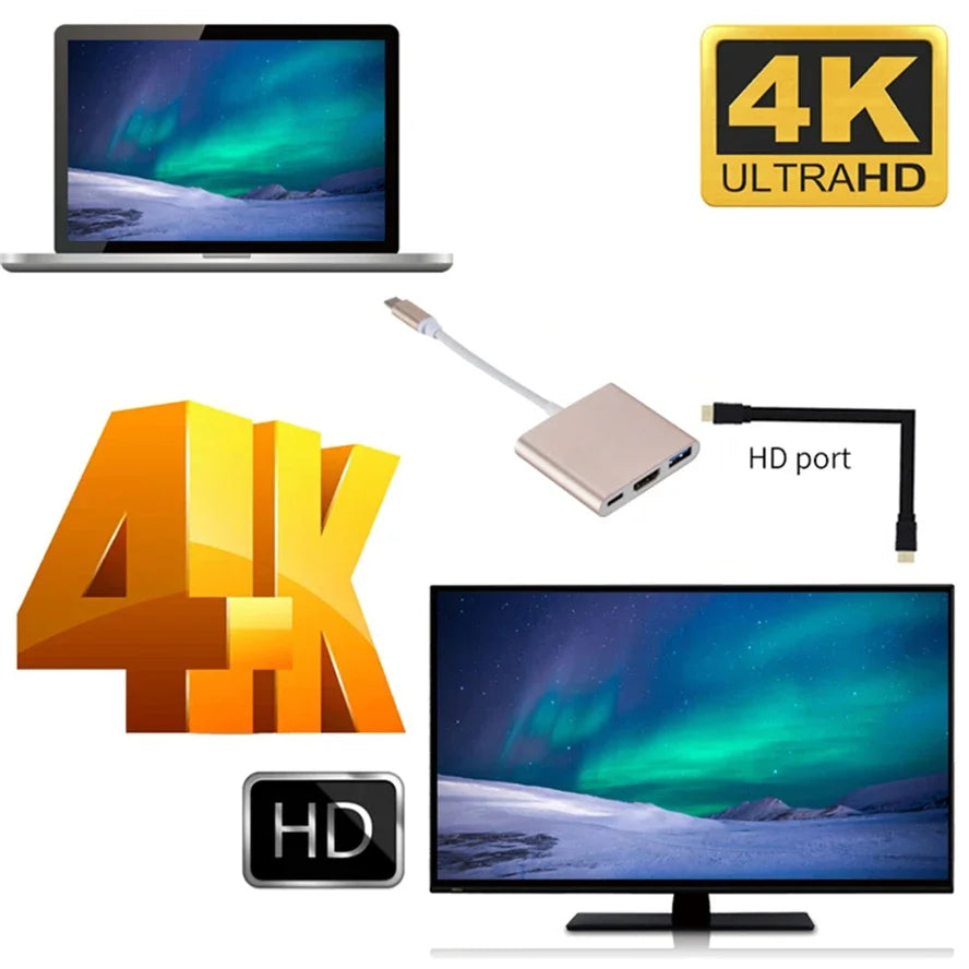 3-in-1 USB-C Hub with 4K HDMI Output, USB 3.0 Port & USB-C Power Delivery Adapter for Laptops, Tablets & Workstations