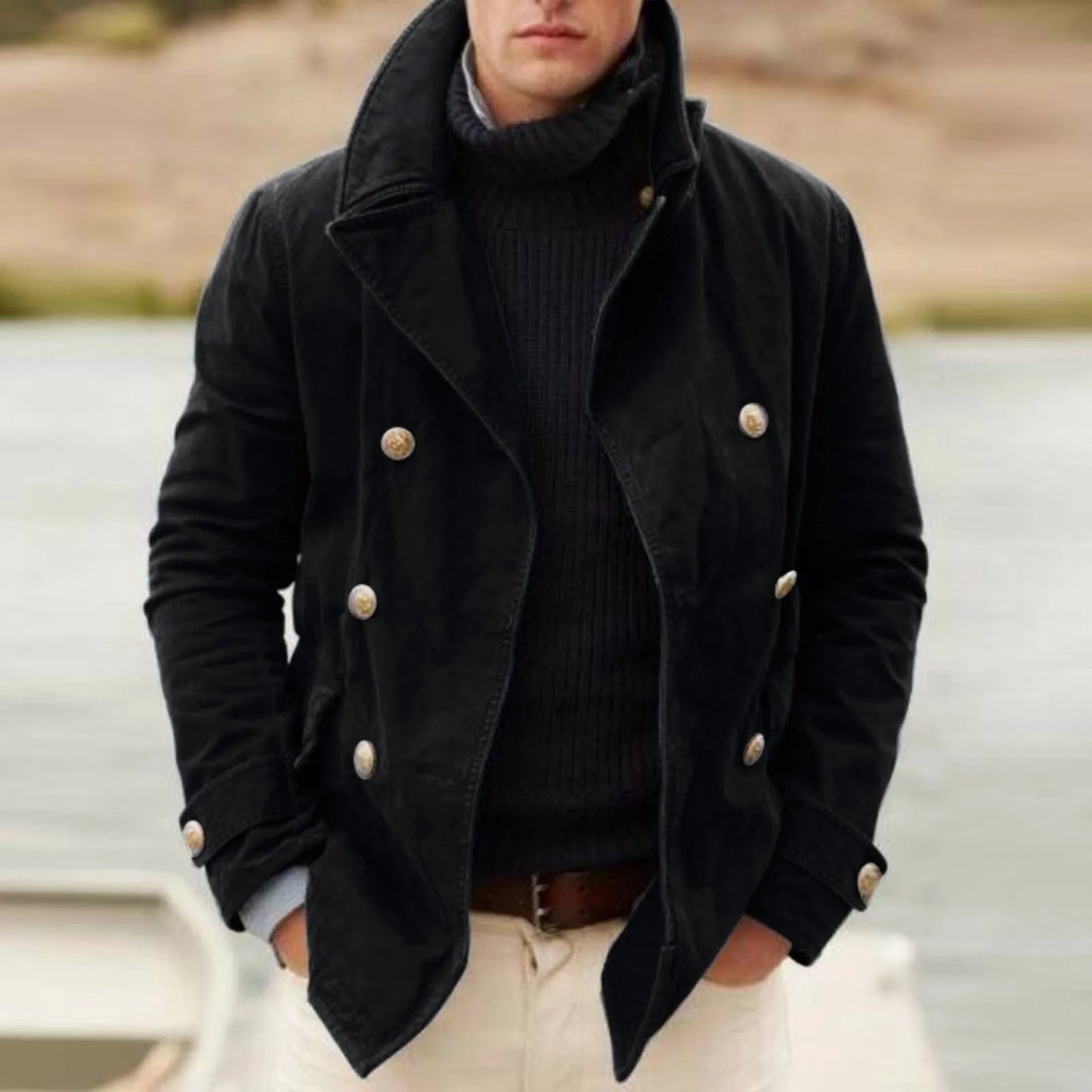 Men’s Classic Double Breasted Wool Blend Peacoat Jacket