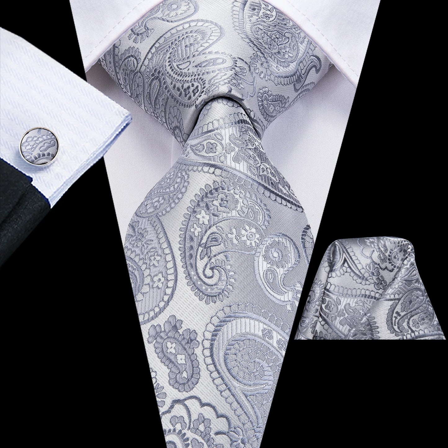 Hi-Tie Luxury Silver Men’s Necktie Set with Pocket Square & Cufflinks | Wedding, Business & Formal Events