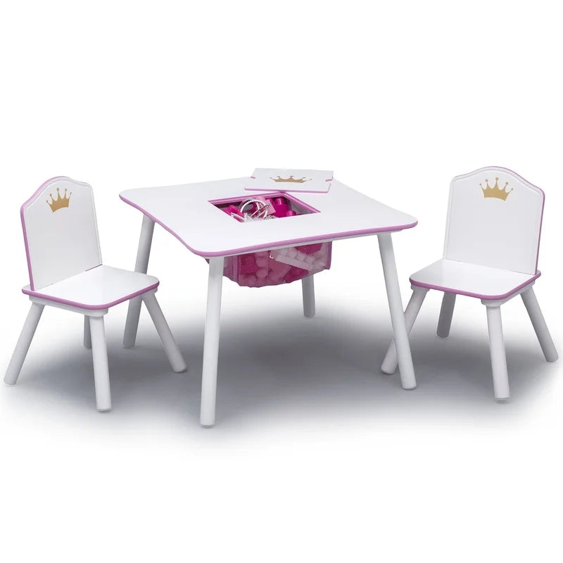 Kids Princess Crown Table and Chair Set with Storage Durable Wood Ideal Art Tea Parties and Playtime