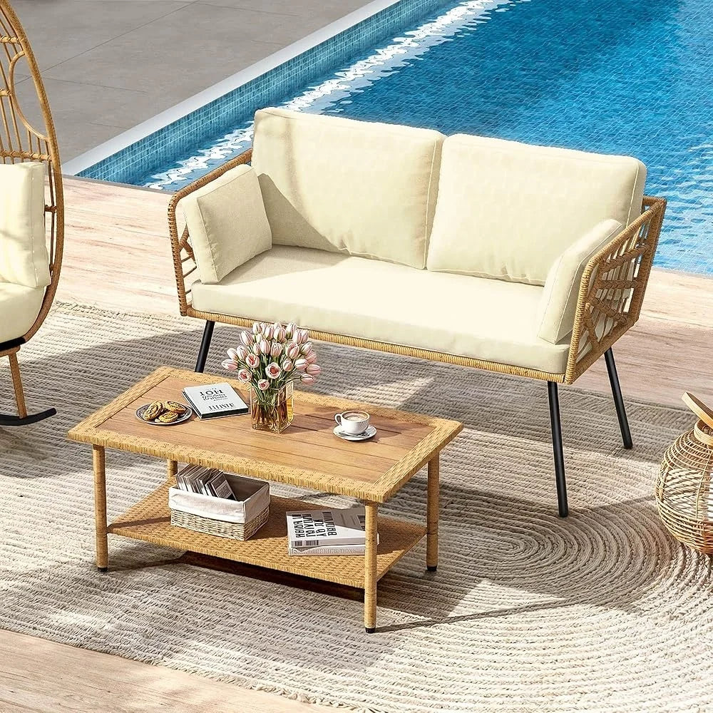 Patio Wicker Rattan Loveseat Set With Cushions Side Table