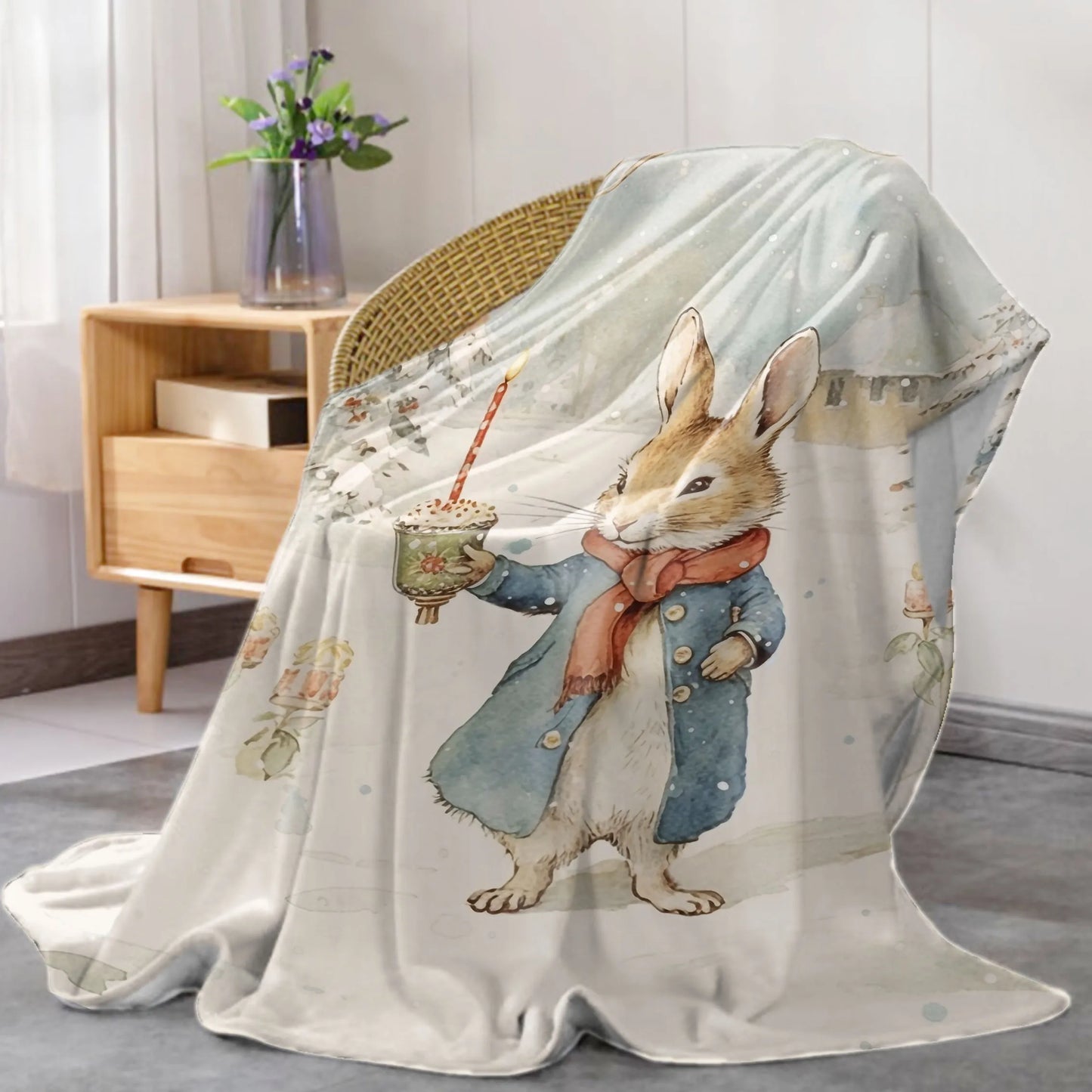 1pc Cozy Christmas Bunny Flannel Throw Blanket - Soft, Warm, and Comfortable with Cute Cartoon Bunny Illustration