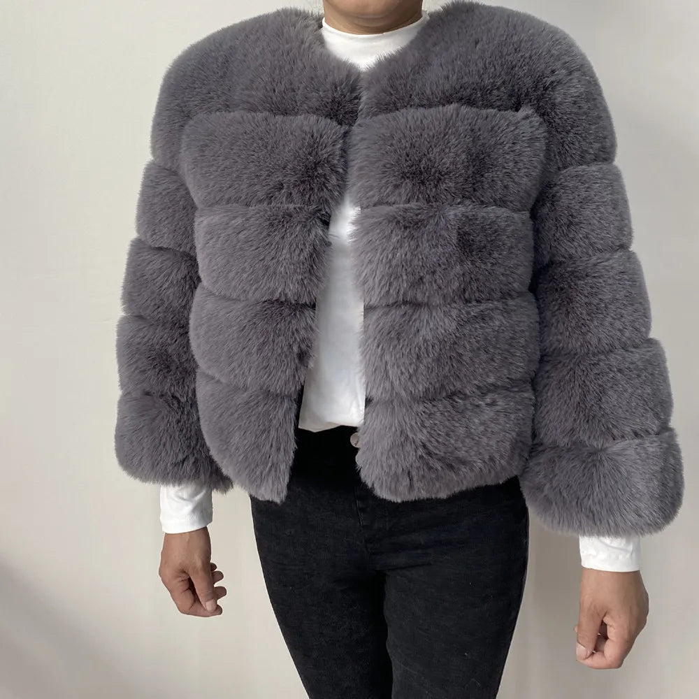Women's Faux Fur Jacket . Plush Cropped Winter Coat with High Collar