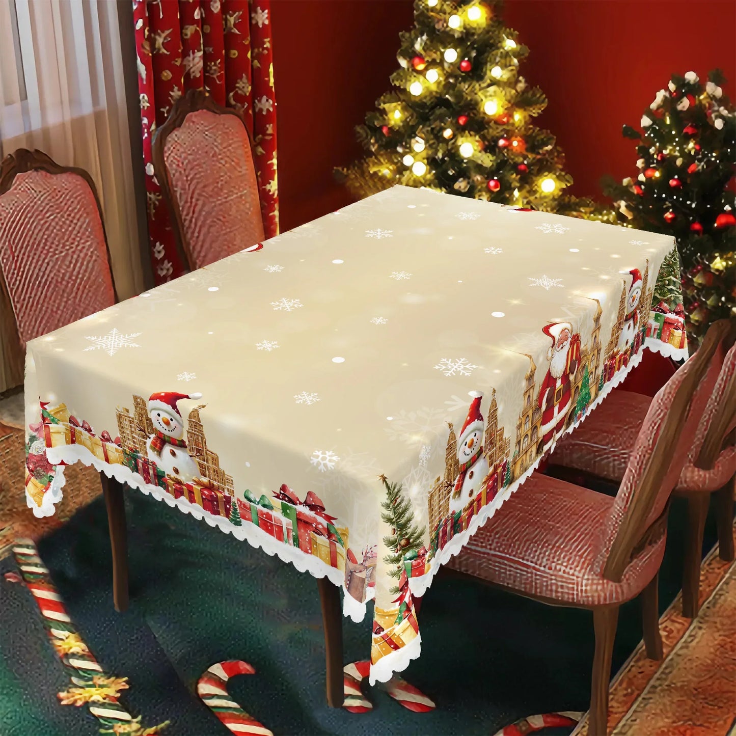 1 Piece Christmas Round and Rectangular Tablecloth, Various Sizes