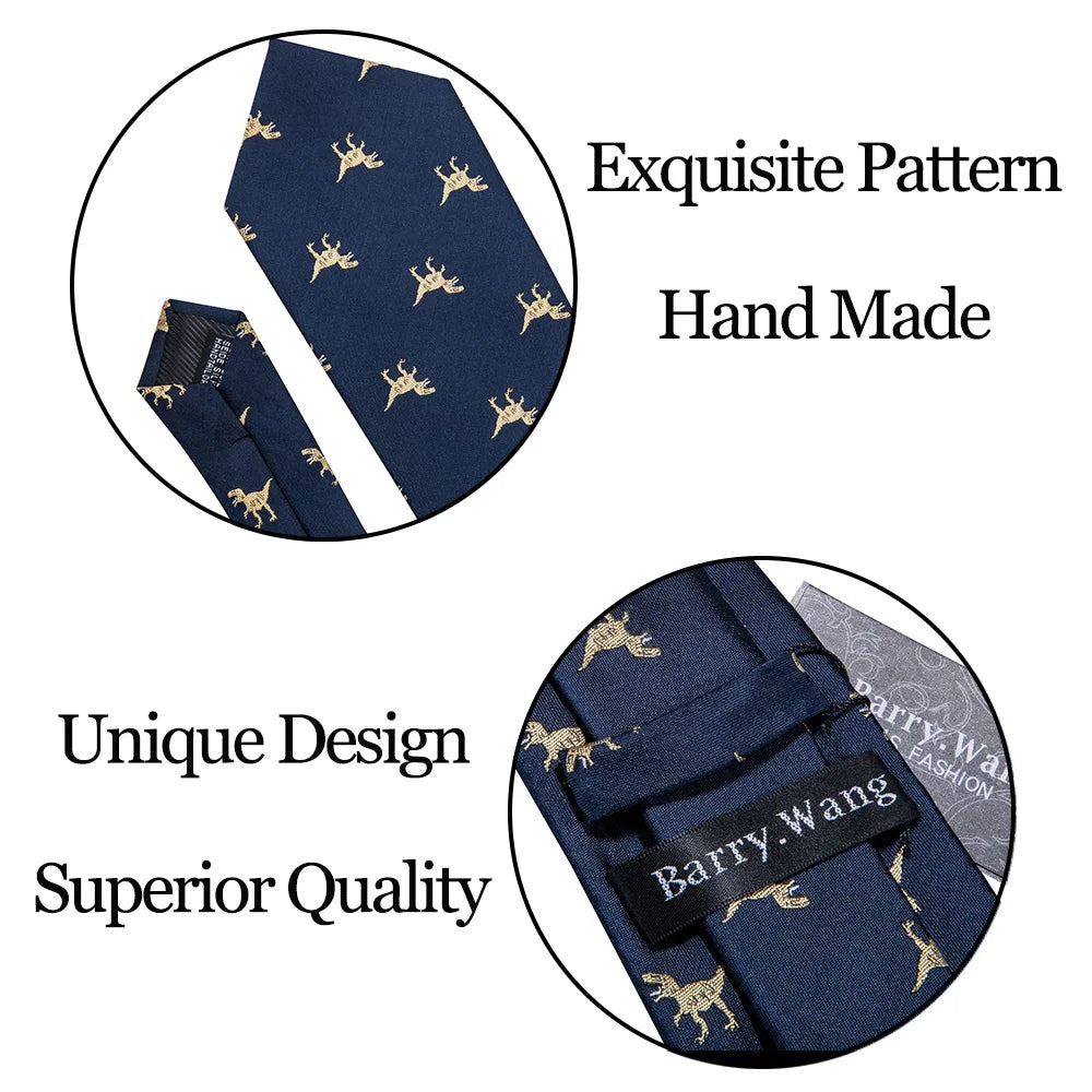 Men’s Luxury Dinosaur Necktie Set . Navy Blue Silk Tie, Pocket Square & Cufflinks for Business, Weddings & Special Events