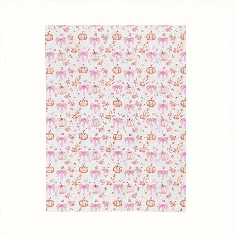 Cozy Pink Pumpkin & Leaf Flannel Plush Blanket. Soft All Season Throw Blanket