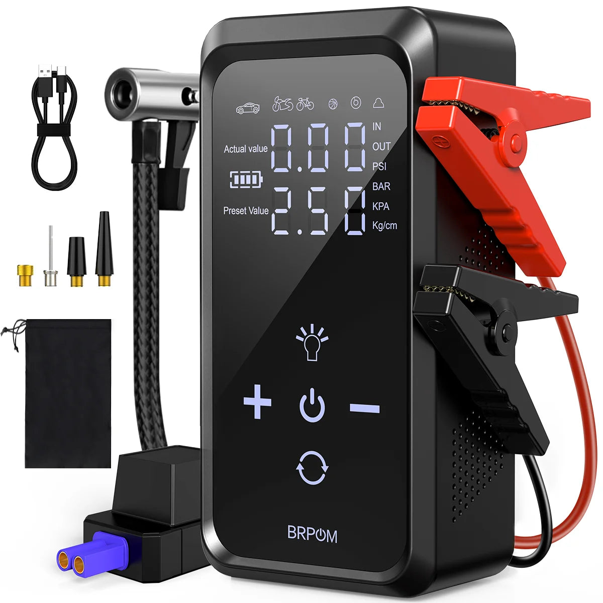 26800mAh Jump Starter with Air Compressor 1000A/1500A PEAK  Booster Tyre Inflator Portable Car Battery Power Bank Charger Air Pump,with LCD Display, Jump Starter Power Bank  (All Gas/ 8.0L Diesel), LED Light, Design for Cars,