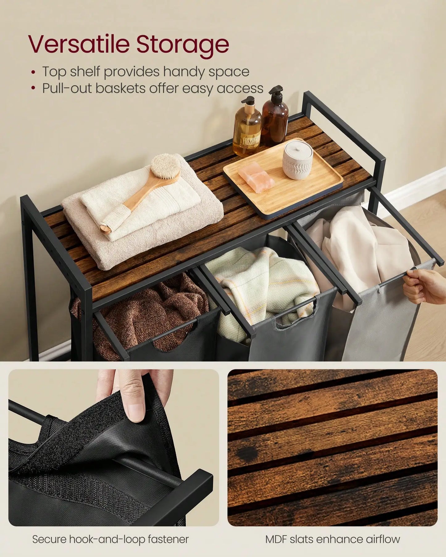 3-Bag Laundry Sorter with Rustic Wood Top. Large Laundry Hamper