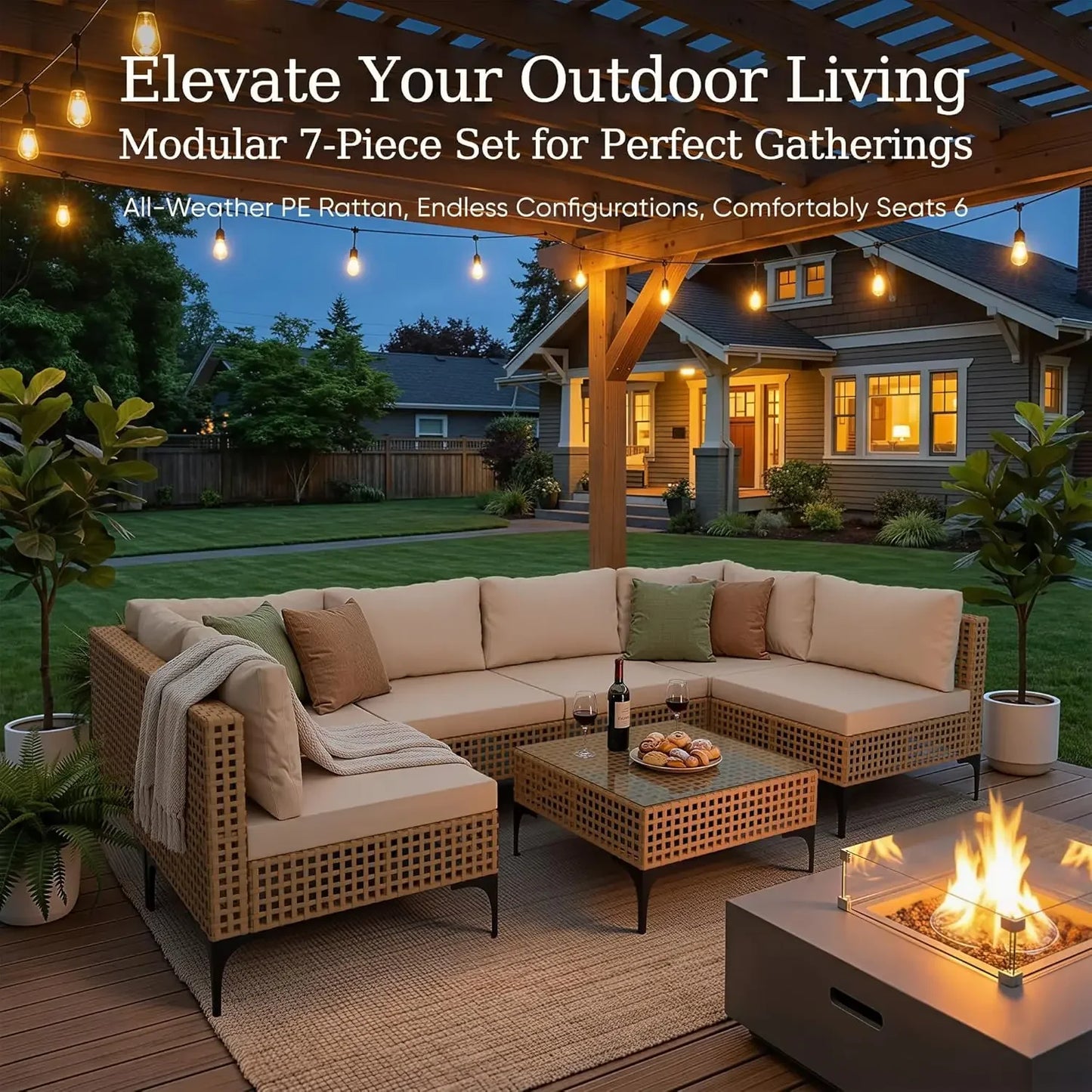 Devoko 7 Piece Outdoor Wicker Sectional Patio Furniture Set with Cushioned Seating
