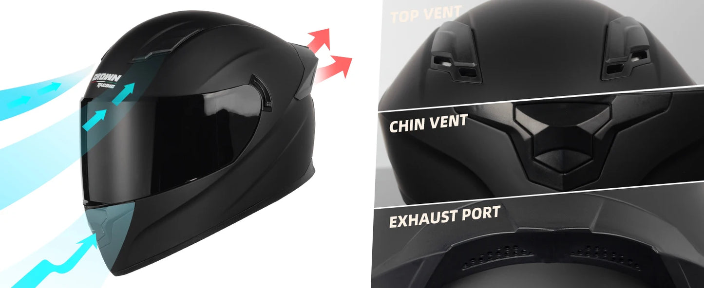 Crown Racing F-700 Full Face Motorcycle Helmet | Adult DOT-Style Street & Sport Bike Helmet with Tinted Visor