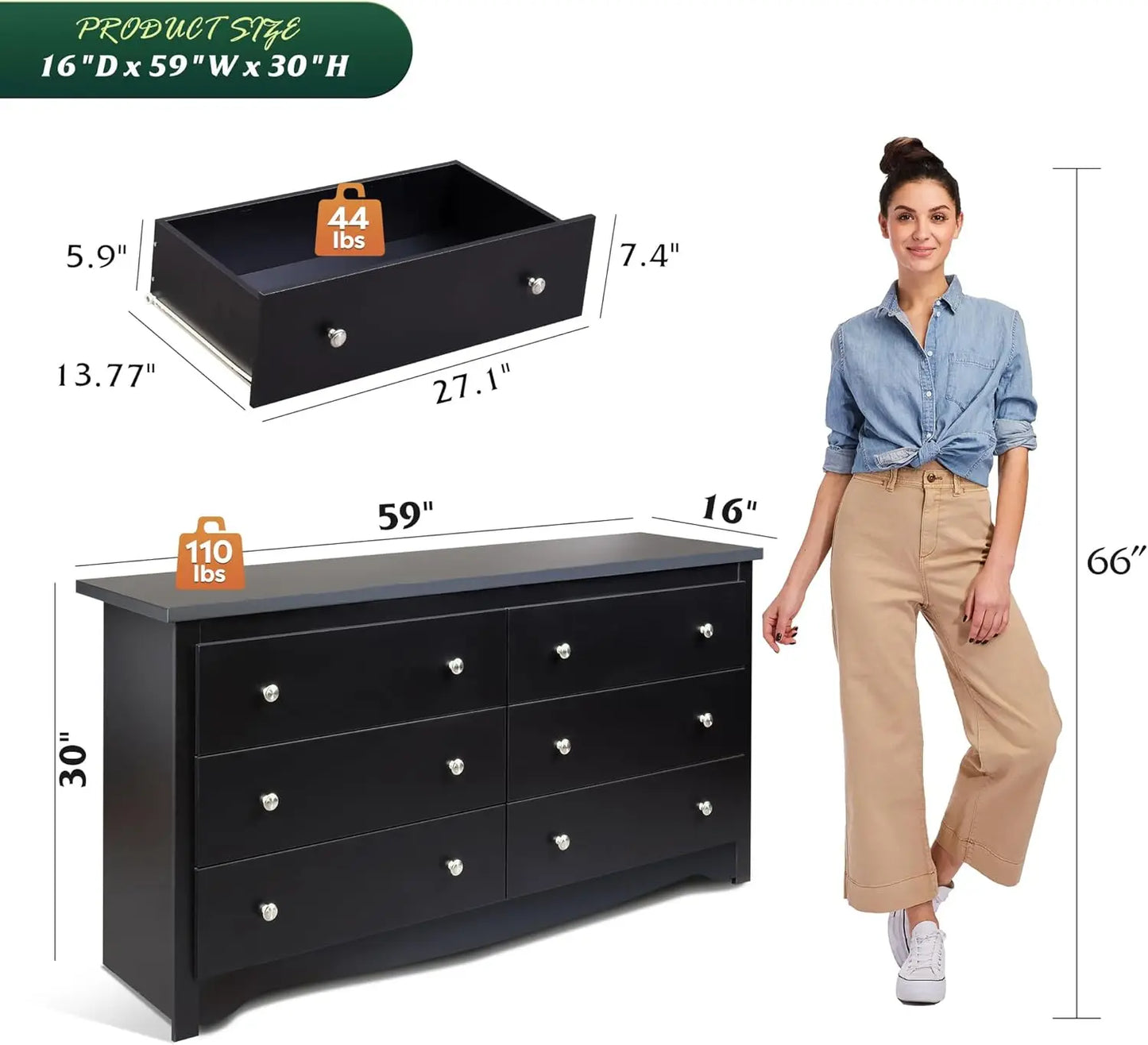 Wood Dresser with 6 Drawer Wide Chest of Drawers for Bedroom Long Nightstand with Drawers Modern Large Storage Tower Unit Closet