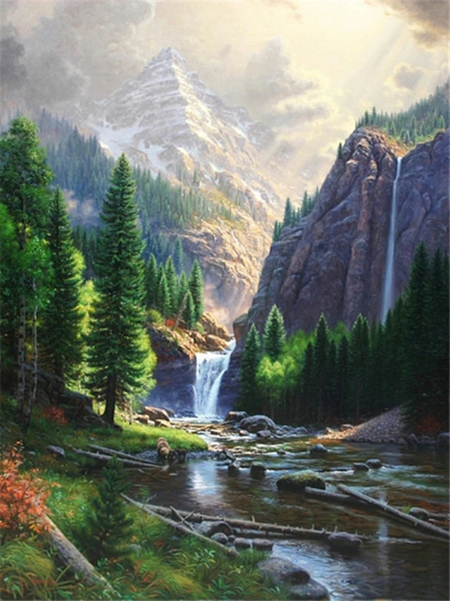 DIY Paint by Numbers Mountain Waterfall Landscape Canvas Kit. Adult & Kids Acrylic Painting Craft Home Wall Decor Gift