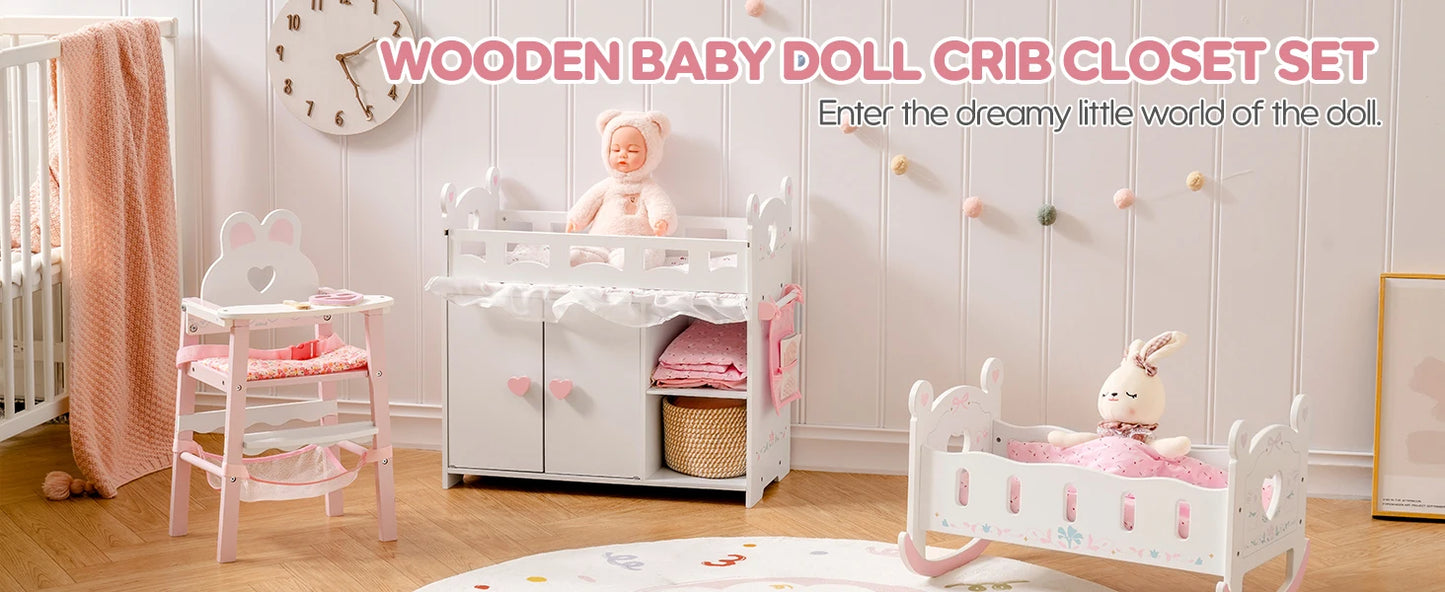 Robotime Robud Doll Crib Changing Table Wooden with Storage Bedding Hooks Fits 18-21" Baby Dolls Pretend Play Gift for Girls