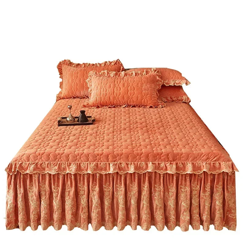 Luxury Velvet Ruffled Bedspread Set with Pillow Covers
