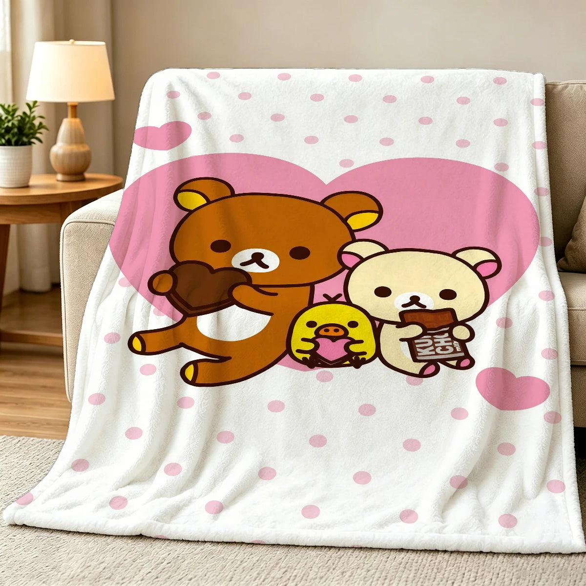 Rilakkuma Throw Blanket 1PC Cute Pink Heart Polka Dot Print Kawaii Cartoon Soft Flannel for Valentine's Day Home Decor