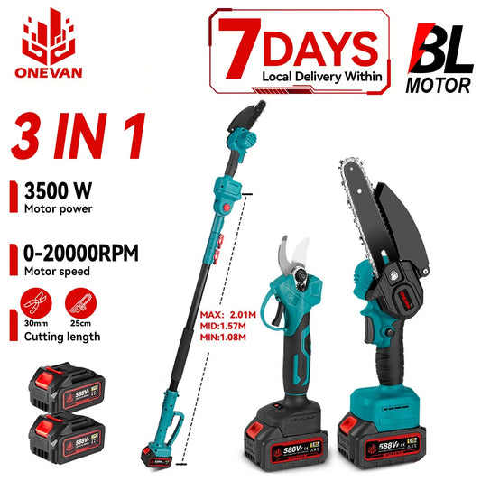 ONEVAN 3500W 2in1 Brushless High Branch Saw Chainsaw & Pruning Shears Garden Tool With Telescoping Pole For ONEVAN 18V Battery