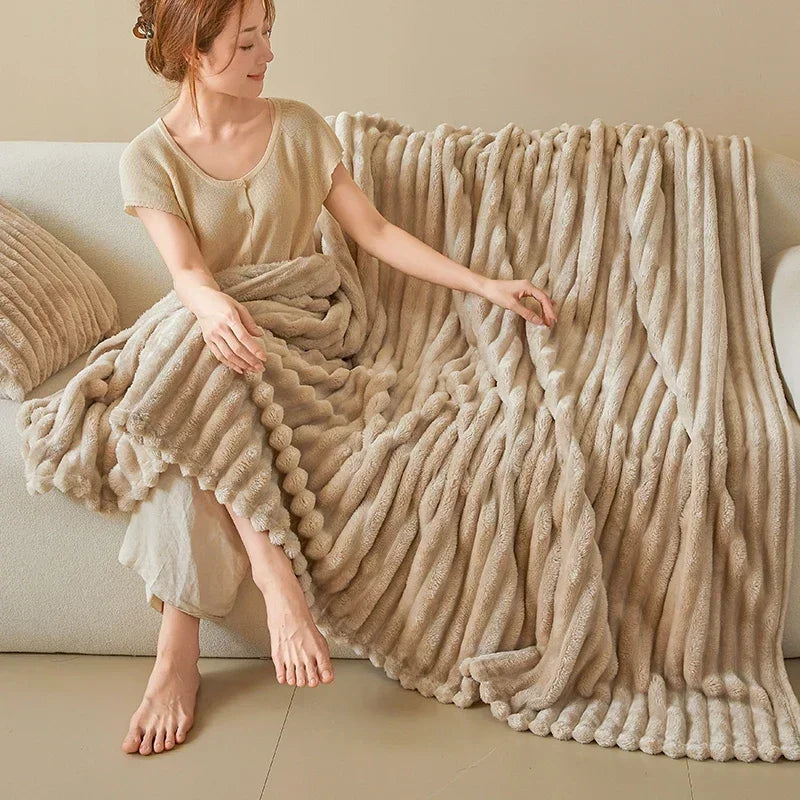 Cozy Striped Velour Blanket – Ultra Soft Warm Ribbed Plush Throw, Ideal for Sofa, Nap, Office, Travel, All Season Use, Machine Washable