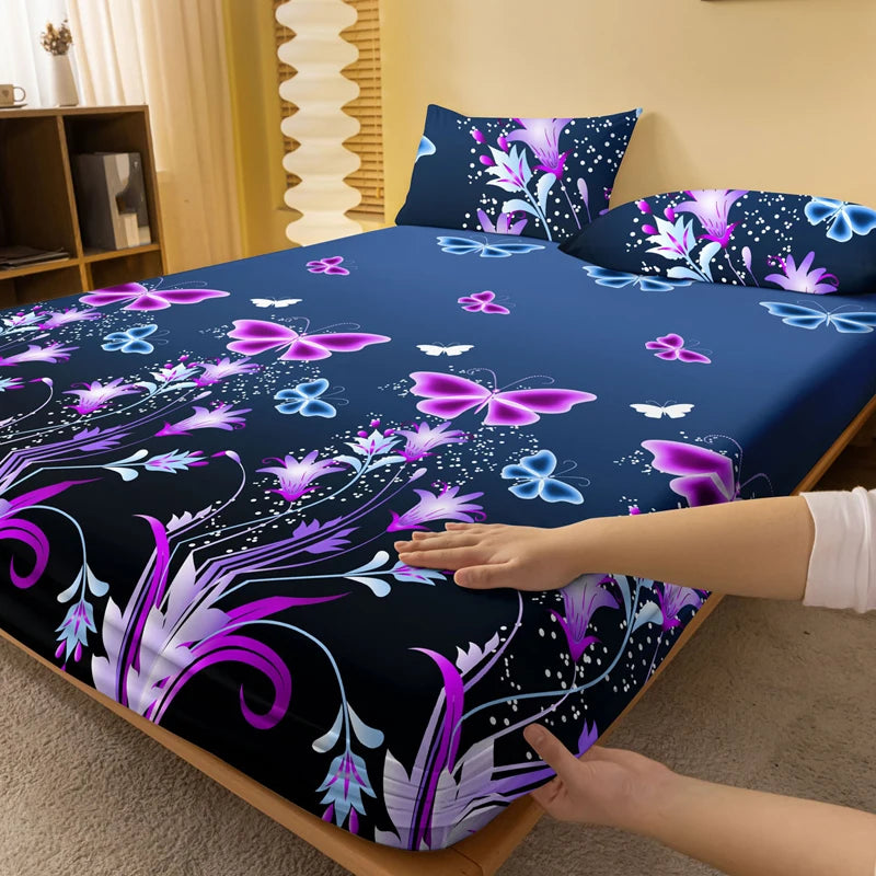 Butterfly Floral Fitted Sheet .Soft Stretch Mattress Cover