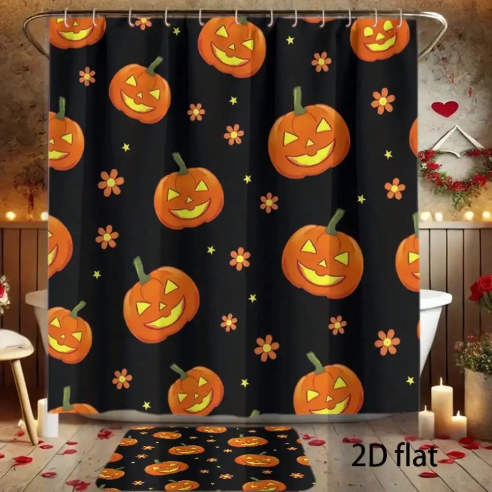 4-Piece Halloween Pumpkin Bathroom Decor Set .Jack-O’-Lantern Shower Curtain, Bath Mat & Toilet Cover