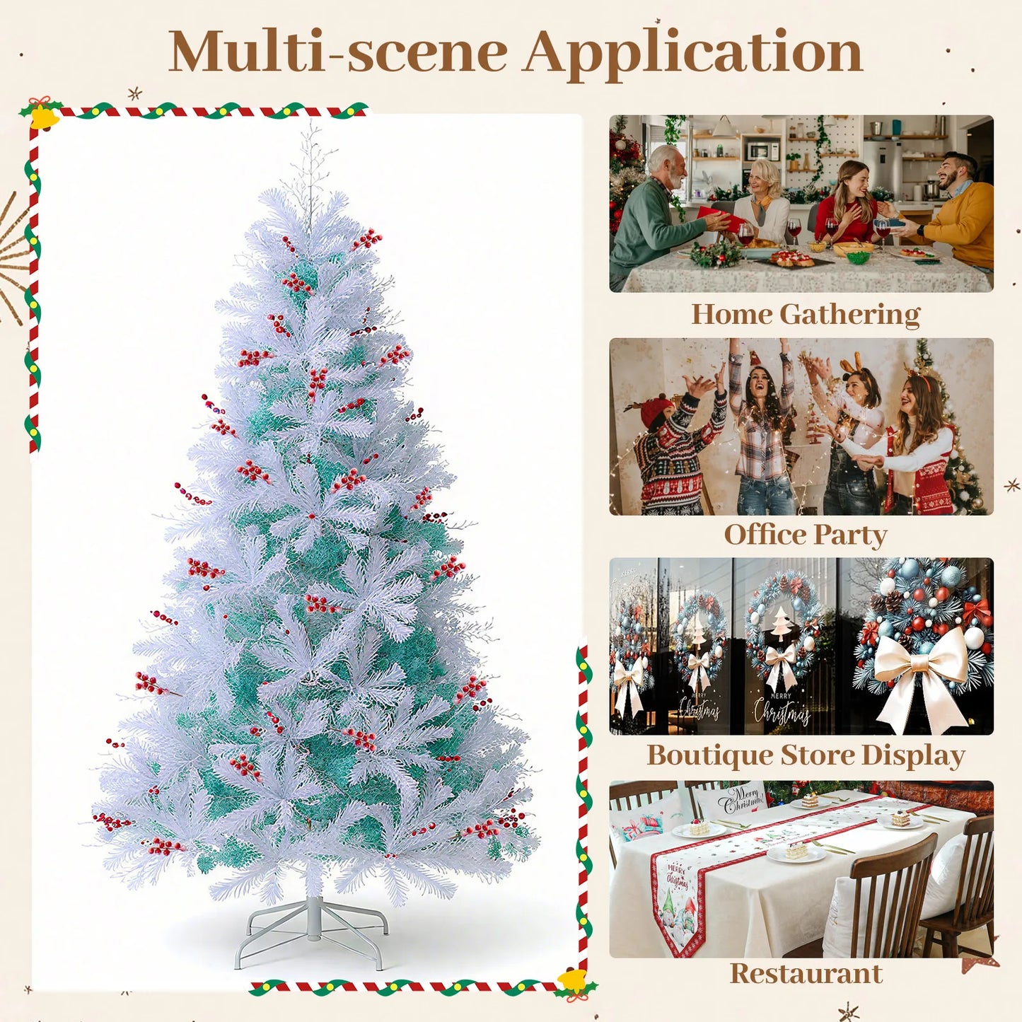 6FT–7FT Pre-Lit Snow Flocked Artificial Christmas Tree . Premium Holiday Tree with Warm White Lights  Description:
