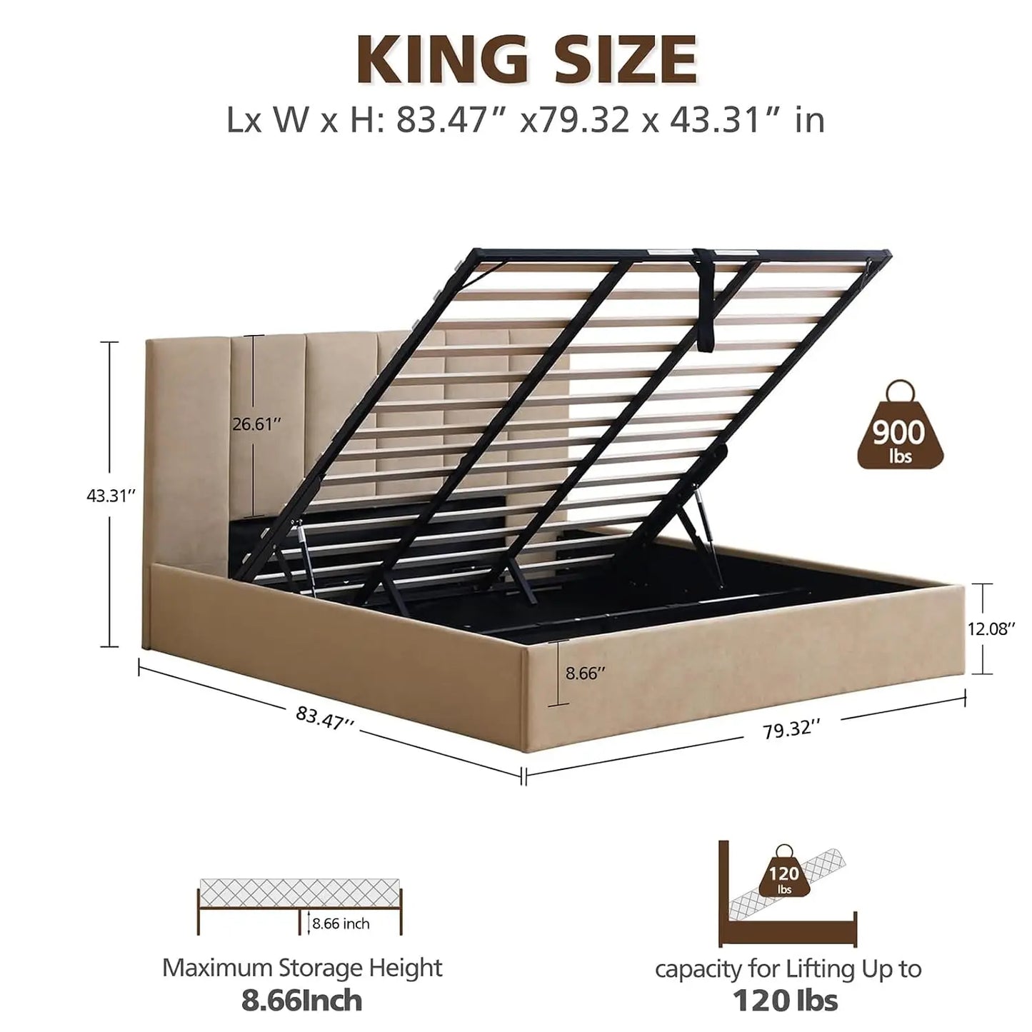 King Size Upholstered Lift-Up Storage Bed with Headboard