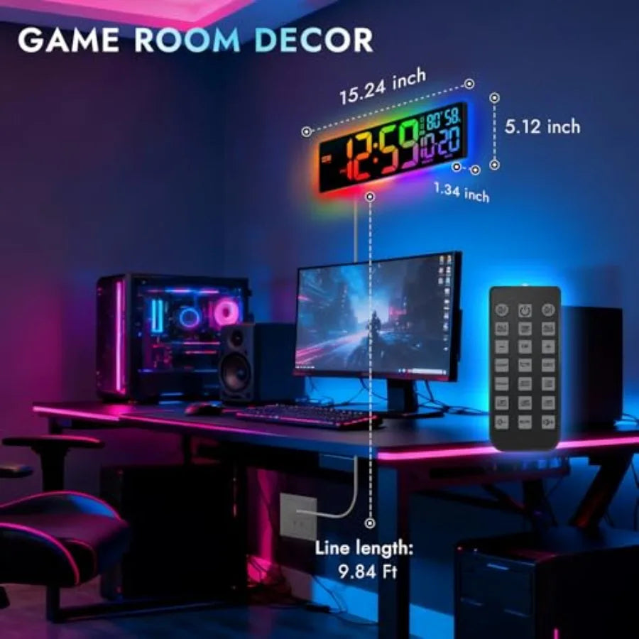RGB LED Digital Wall Clock with Remote Control, Temperature Display, Alarm & Date Function