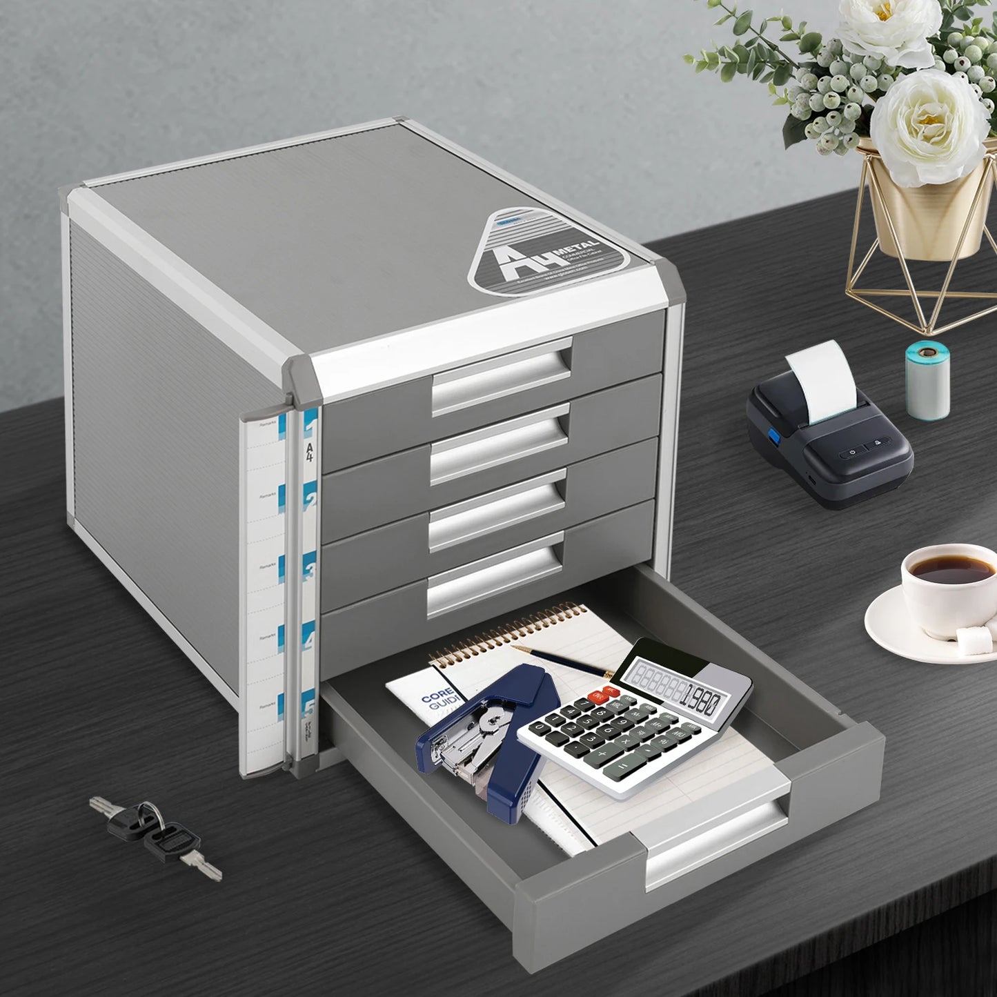 5 Drawer Locking File Organizer, A4 Document Storage Cabinet with Aluminum Alloy Frame, Secure Desktop Filing System for Home & Office  Description