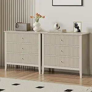 Green Fluted 3 Drawer Dresser, 32 inch Wide Dresser Nightstand for Bedroom, Modern Wood Chest of Drawers, Large Painted Nightst