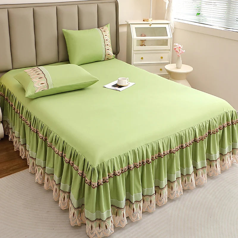 Elegant Solid Color Lace Bed Skirt Set
