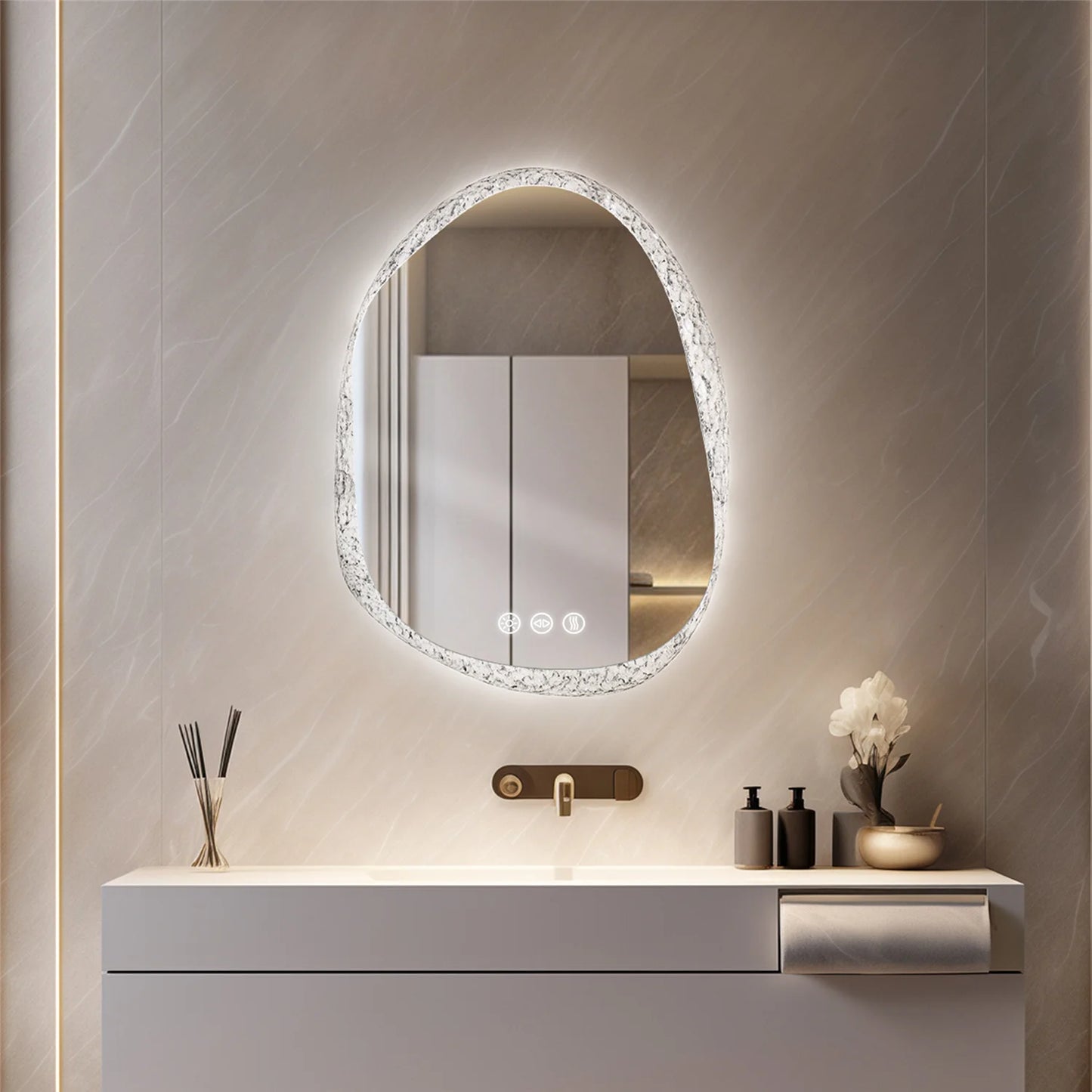 Modern Irregular LED Bathroom Mirror with Lights, Asymmetrical Frameless Smart Lighted Wall Mirror for Living Room Entryway