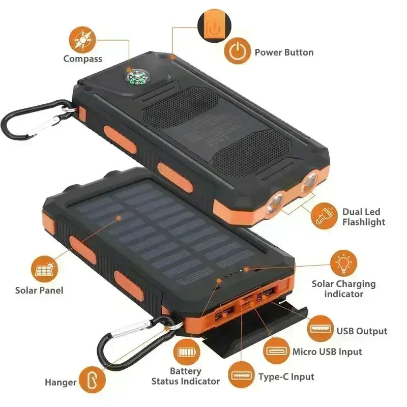 Outdoor Power Non Stop 10000mAh Solar Power Bank . QC3.0 Fast Charging Portable Charger