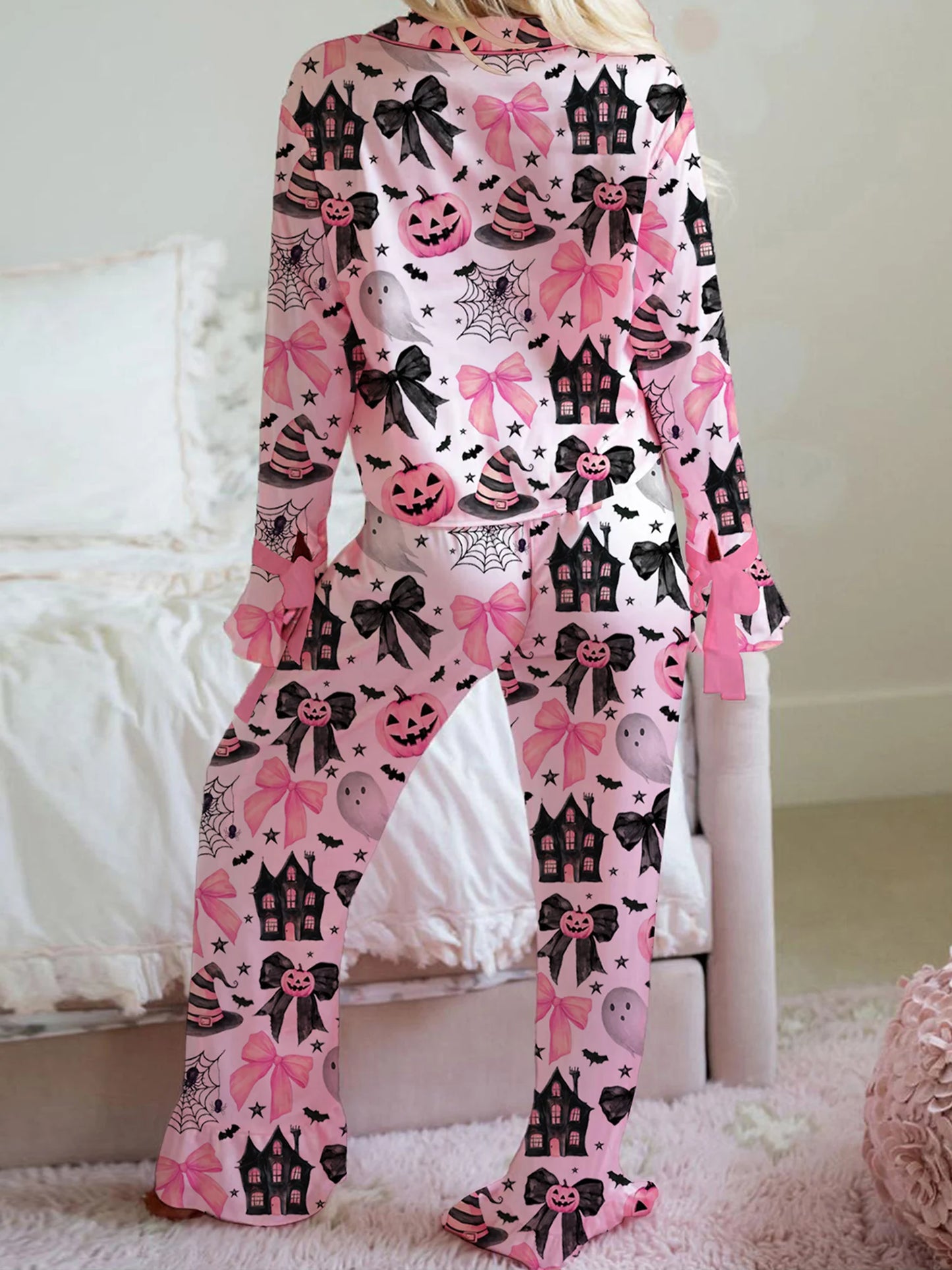 Women s Halloween Pajamas Set with Spooky Print Button Down Lapel V Neck Long Sleeve Tops and Matching Pants for Cozy Lounge