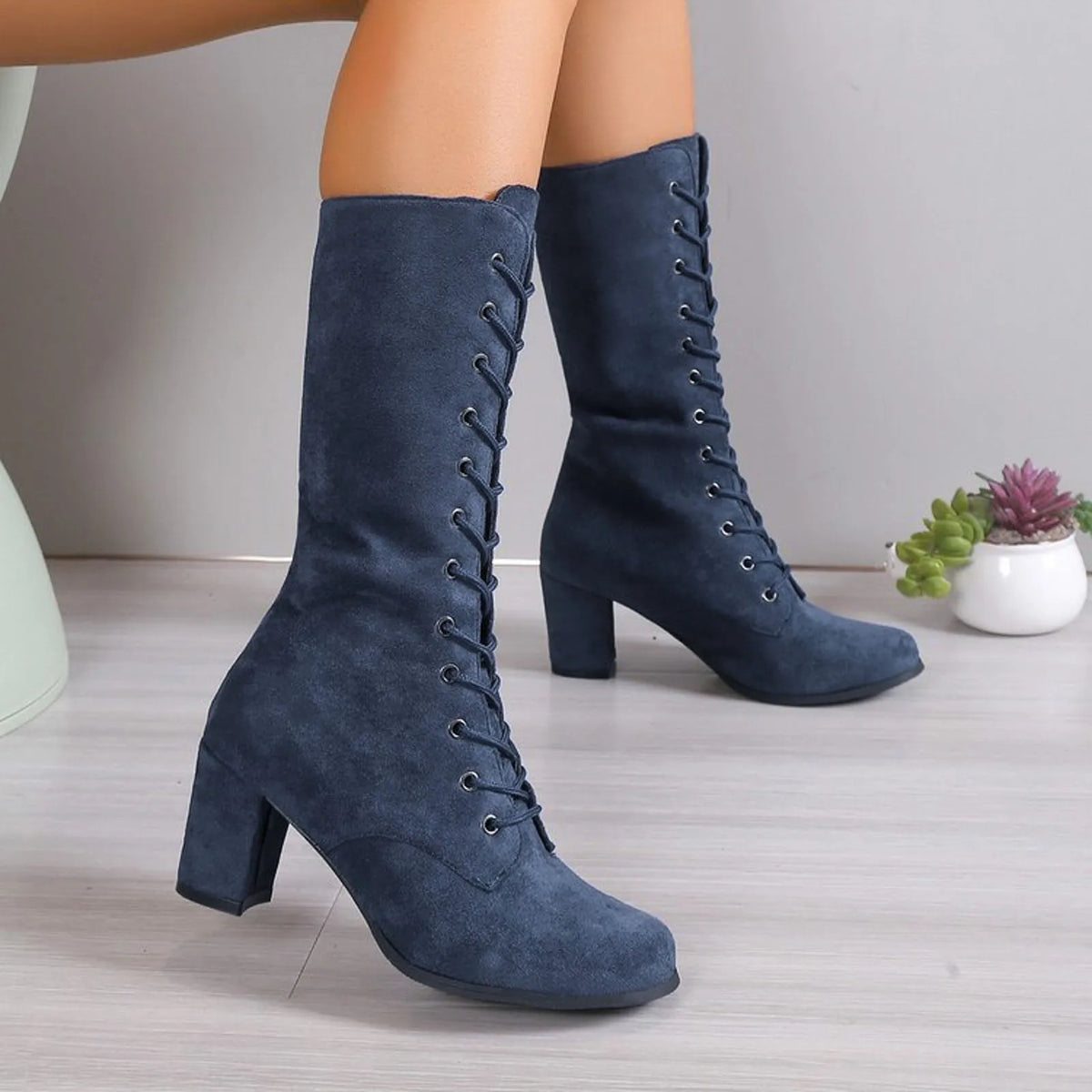 Women’s Lace-Up Mid-Calf Boots | Chunky Heel Fashion Boots
