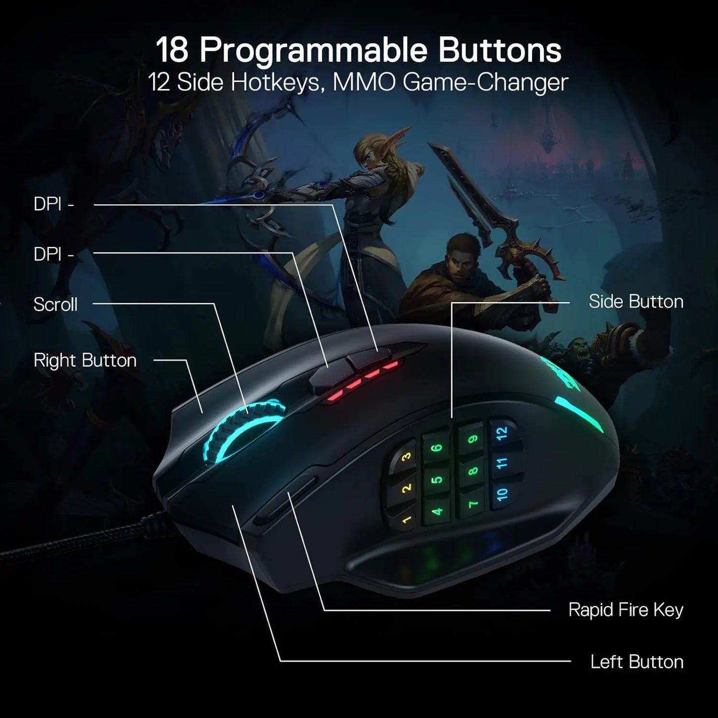 Redragon Wireless RGB Gaming Mouse with Programmable Buttons, Ergonomic Optical Mouse, Adjustable DPI for PC & Laptop