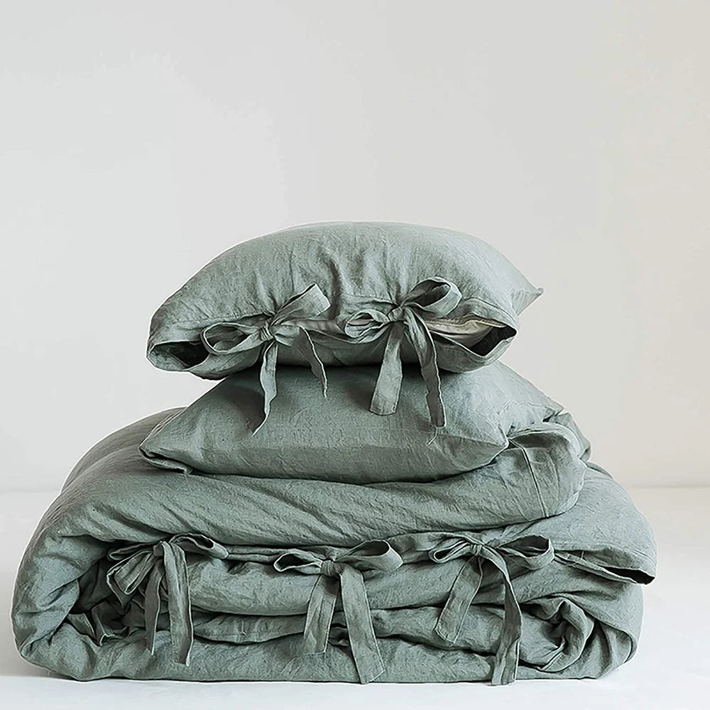 Simple&Opulence 100% Linen 3Pcs Bedding Set  Natural Flax Breathable King Size with Coconut Button Comforter Duvet Cover Set