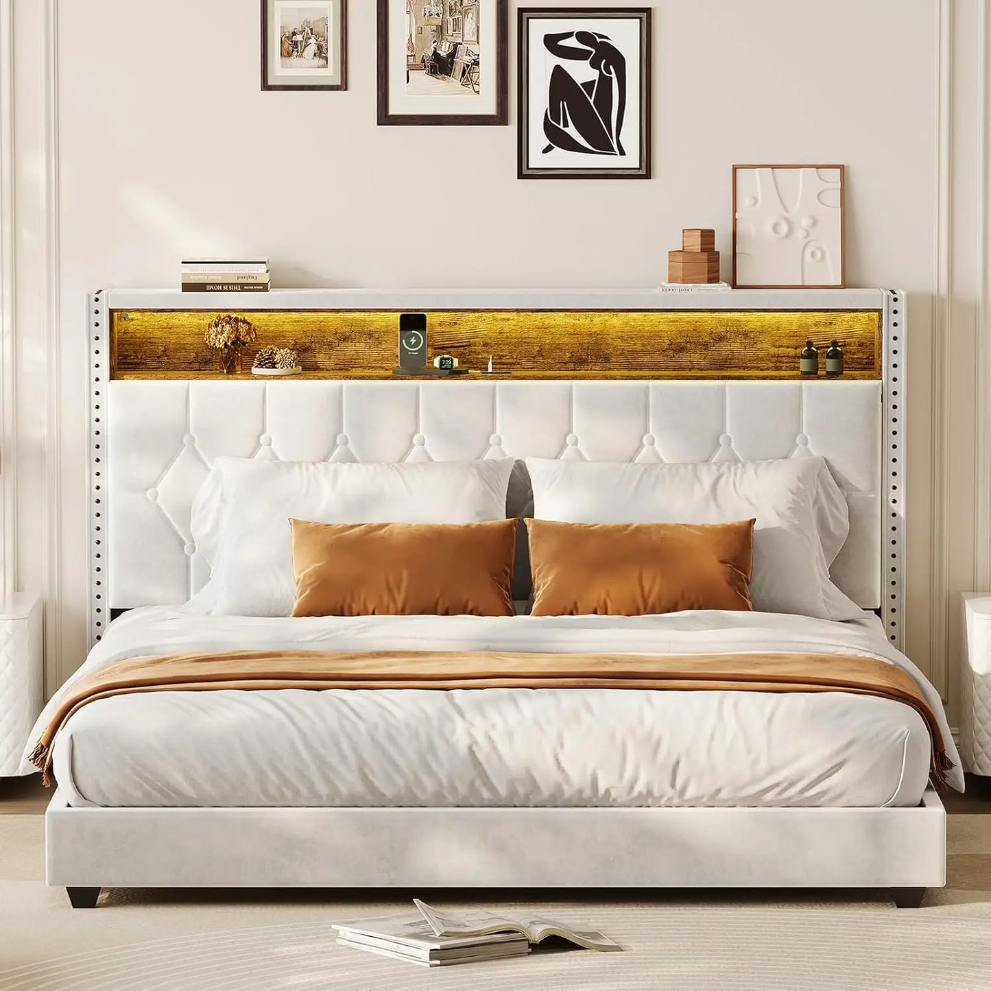 Bed Frame with Headboard and LED Lights Upholstered Platform Bedframe with Charging Station No Box Spring Needed Easy Assembly W