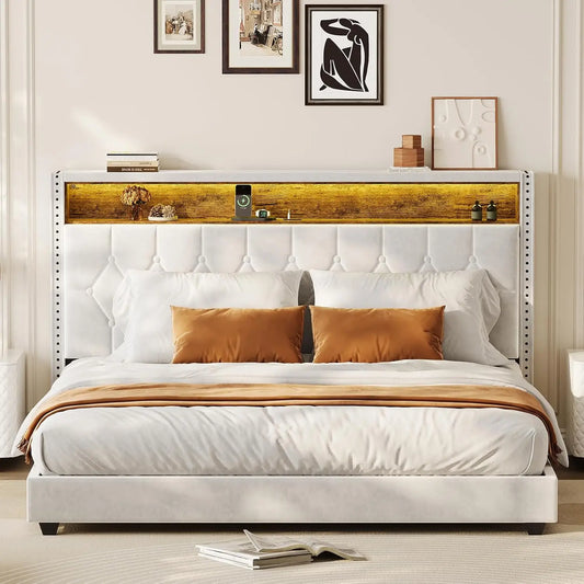 Bed Frame with Headboard and LED Lights Upholstered Platform Bedframe with Charging Station No Box Spring Needed Easy Assembly W