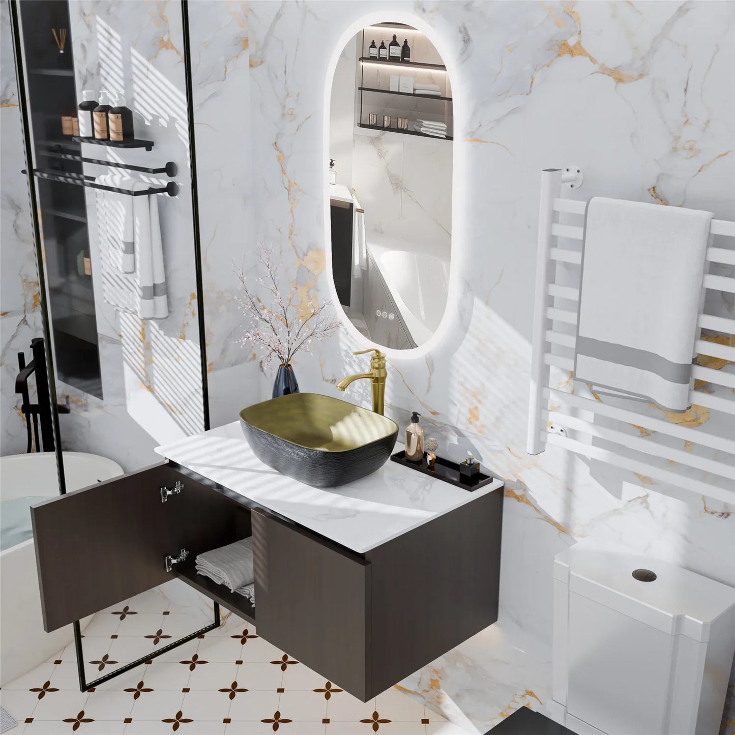 Floating Vanity Bathroom with Sink Combo, Wall Mounted Modern Vanity, Bathroom Cabinet Vanity with Sink Ceramic Basin Faucet