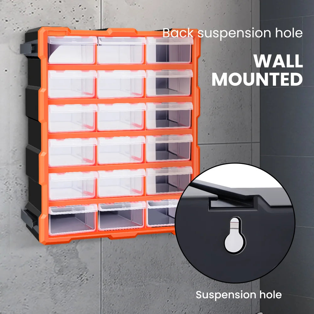 AIRAJ Multi-Drawer Storage Organizer - 18 Slots, Plastic Parts & Crafts Cabinet for Desk or Wall Mount, Ideal for Hardware, Bead