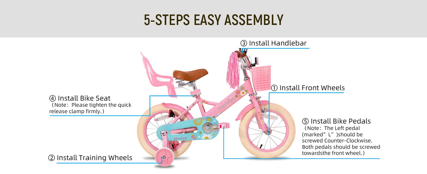 Girls Daisy Kids Bike with Training Wheels . Adjustable Bicycle for Ages 2–7