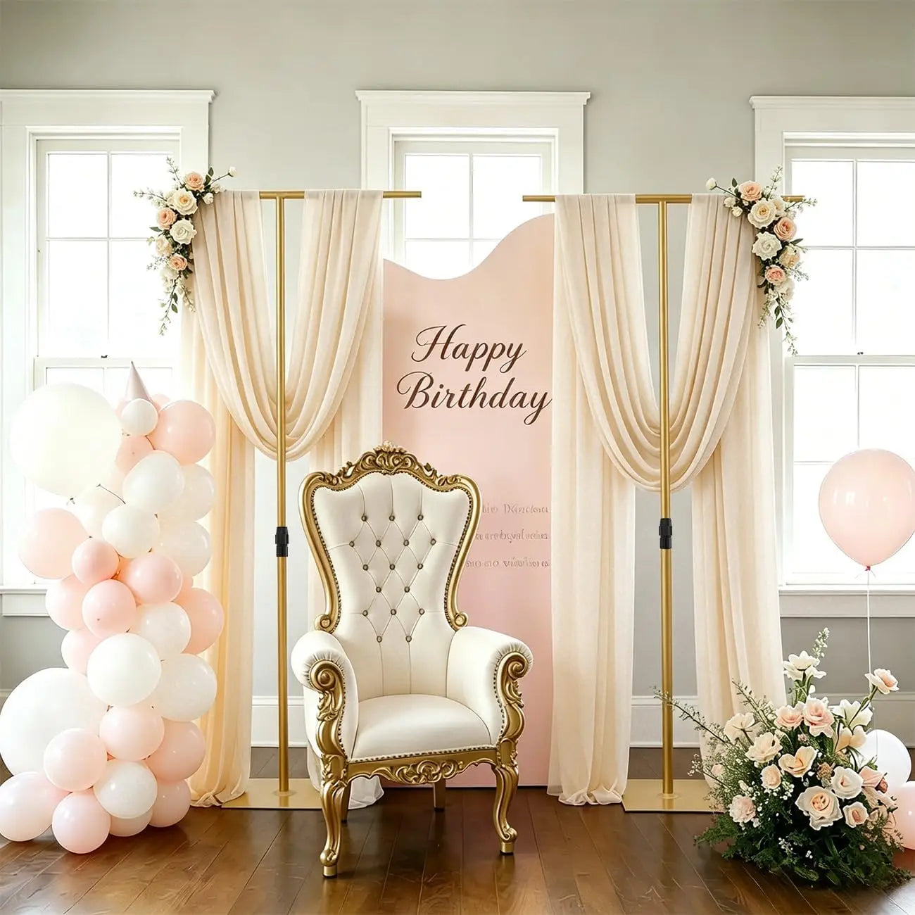 2-Piece Heavy-Duty T-Shape Backdrop Stand Set.  Adjustable Metal Wedding Arch & Party Backdrop Display Frame for Birthdays, Baby Showers & Events