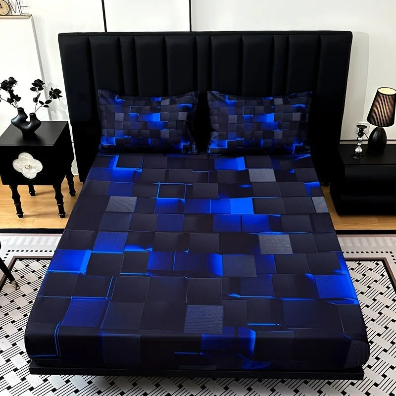 3 Piece Cooling Digital Print Fitted Sheet Set.  Soft Modern Plaid Bedding