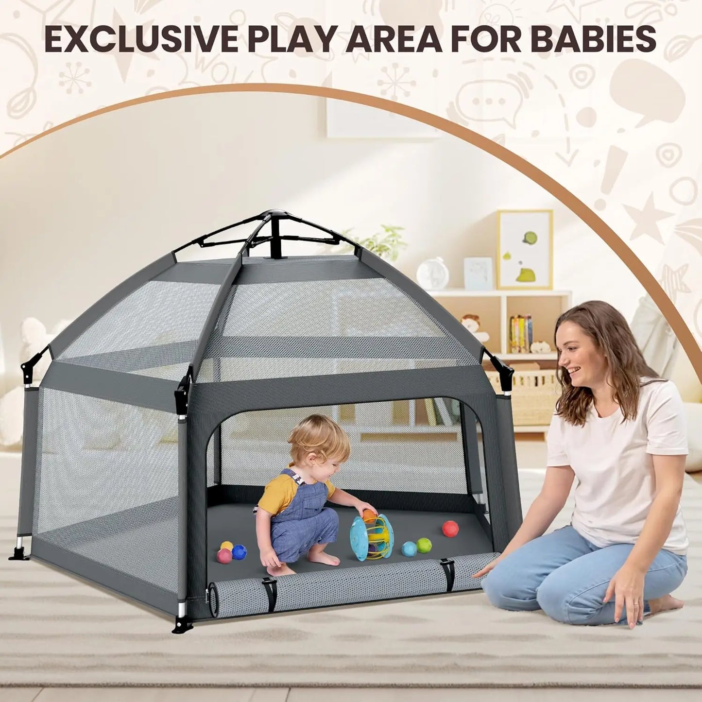 Baby Playpen with Self-Inflating Play Mat & Travel Bag, Portable Outdoor Playpen for Babies and Toddlers,Pop Up Play Tent (Grey)