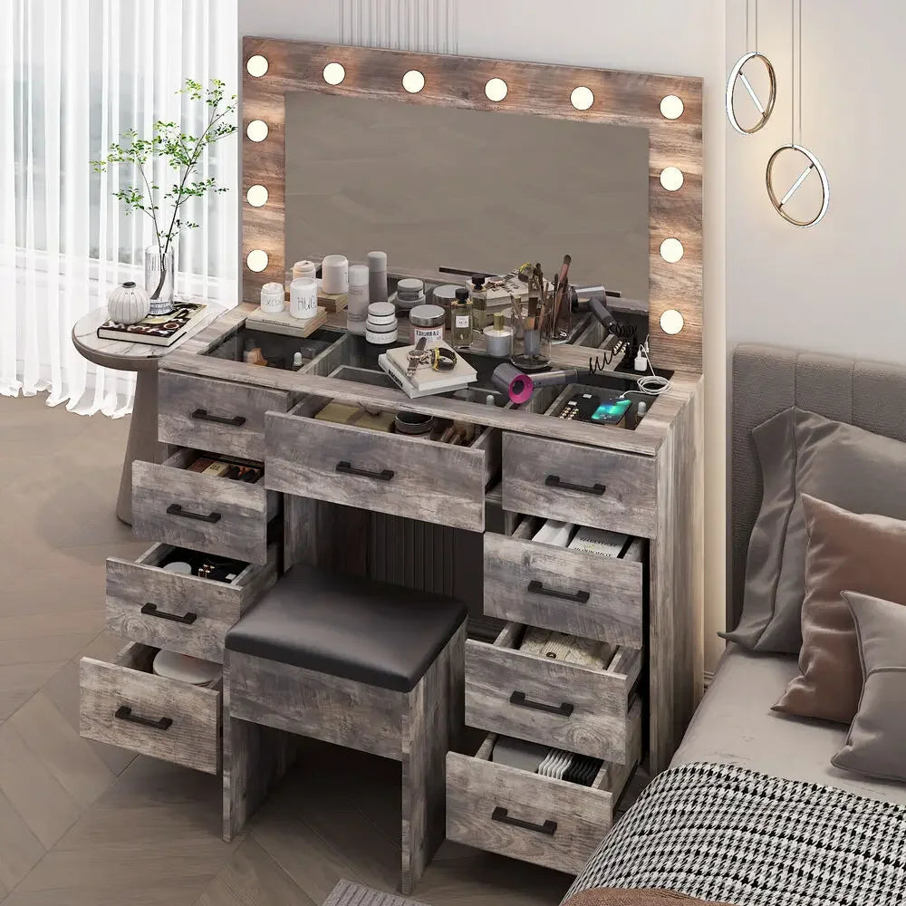 Makeup Vanity Desk Set Large LED Mirror with 9 Drawers Dresser & Power Outlet