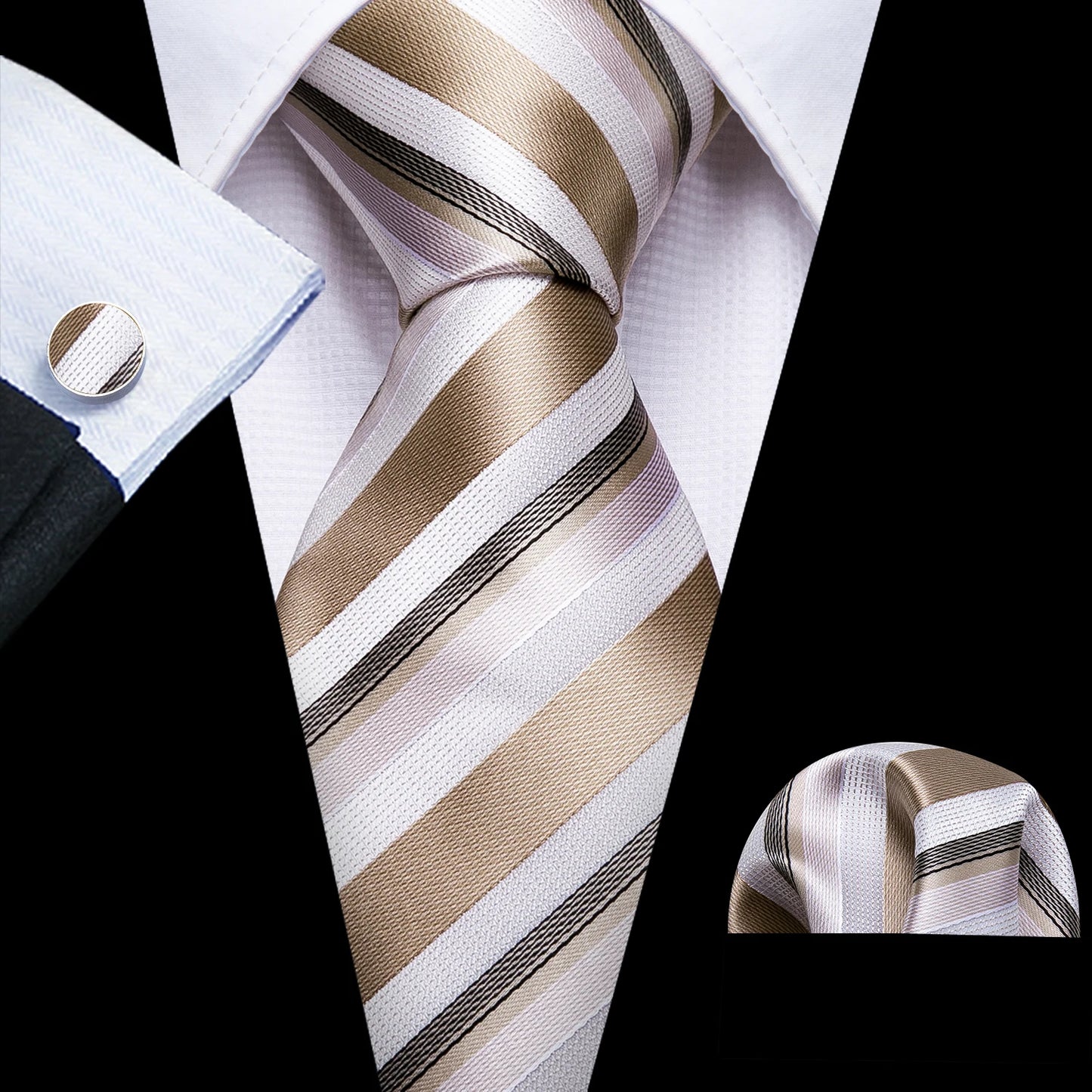 Men’s Luxury Red Striped Necktie Set. Silk Tie, Pocket Square & Cufflinks for Business, Wedding & Formal Wear