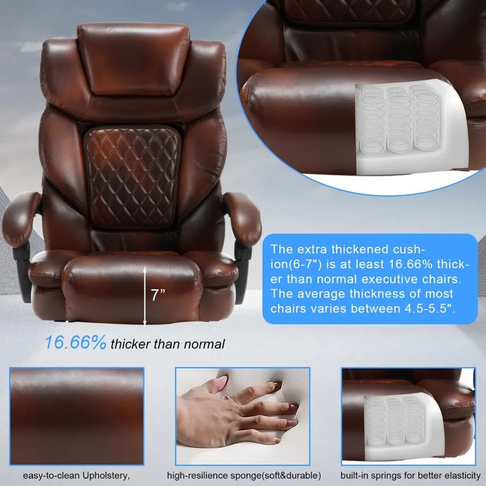 450lbs Big Tall Reclining Office Chairs with Foot Rest Back Support Ergonomic Wide Seat Recliner Desk Chair Brown Leather Execut