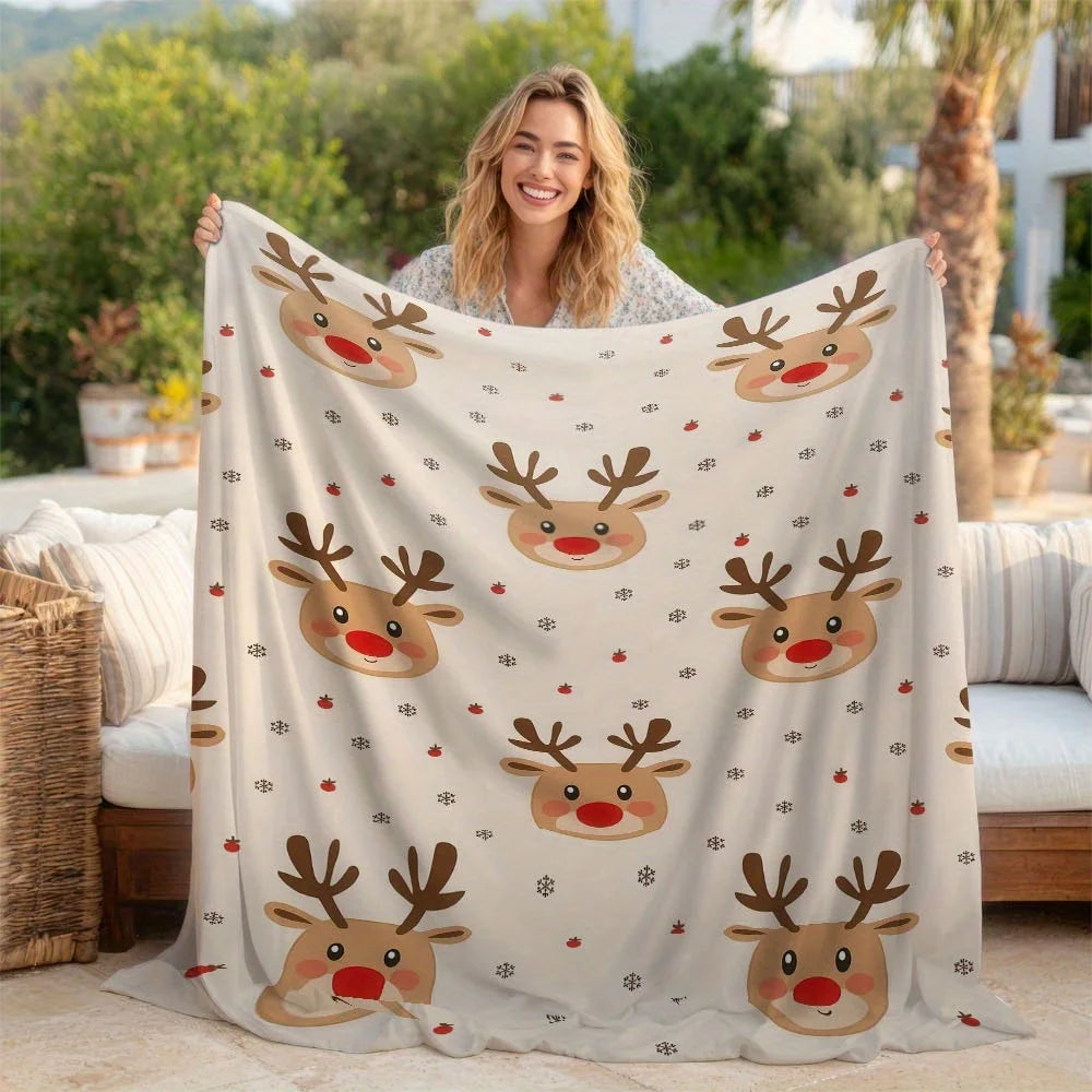 Christmas Reindeer Flannel Throw Blanket .Soft Cozy Holiday Blanket for Bed, Sofa & Winter Décor
